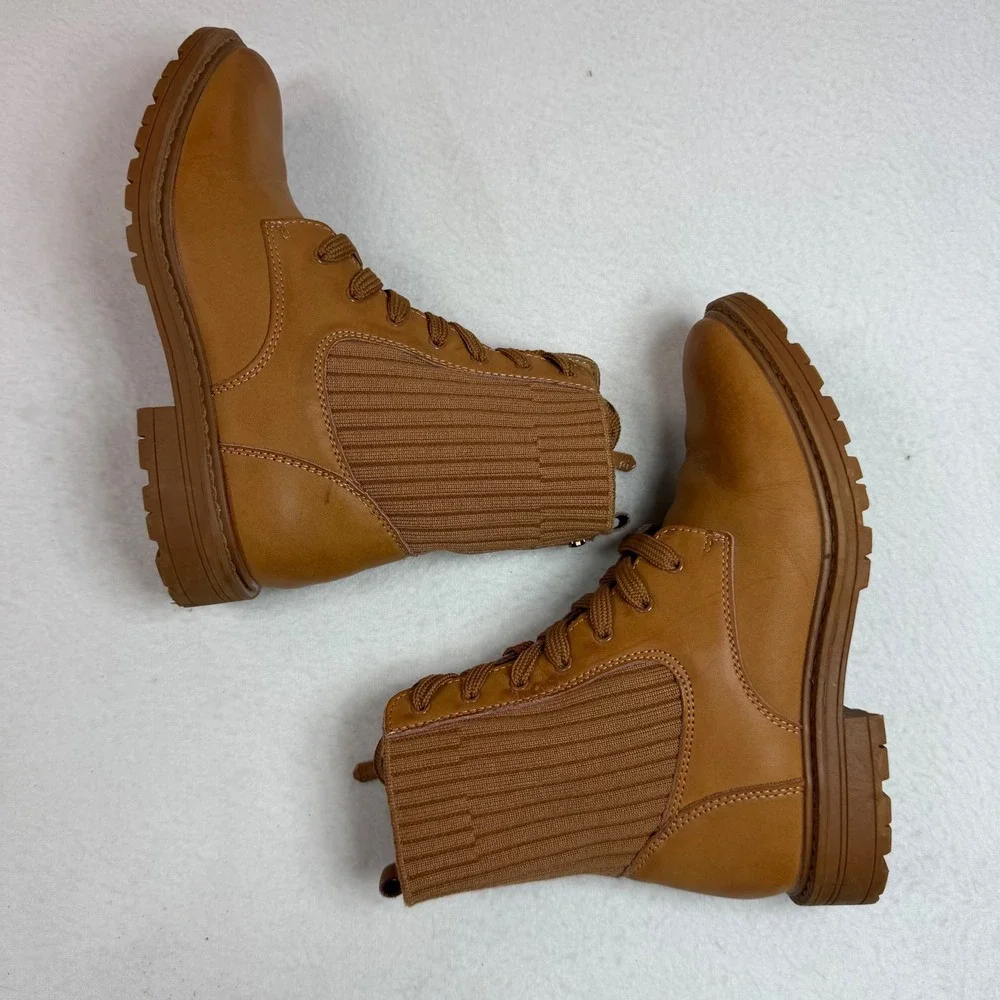 Sam Edelman Kids Tan Leather Ribbed Knit Combat Boots Side Zip Lug Sole Size 4